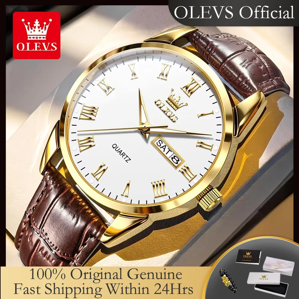OLEVS 5892 Original Quartz Watches Fashion Simple Leather Strap Roman Scale Dual Calendar Business Man Watch Luminous Waterproof
