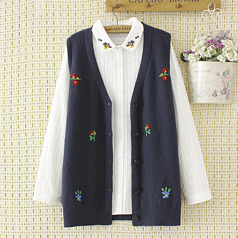 Women Sweater Vest Autumn V Neck Single Breasted Full Sleeve Floral Embroidery Ladies Knitted Cardigan Clothing Tops