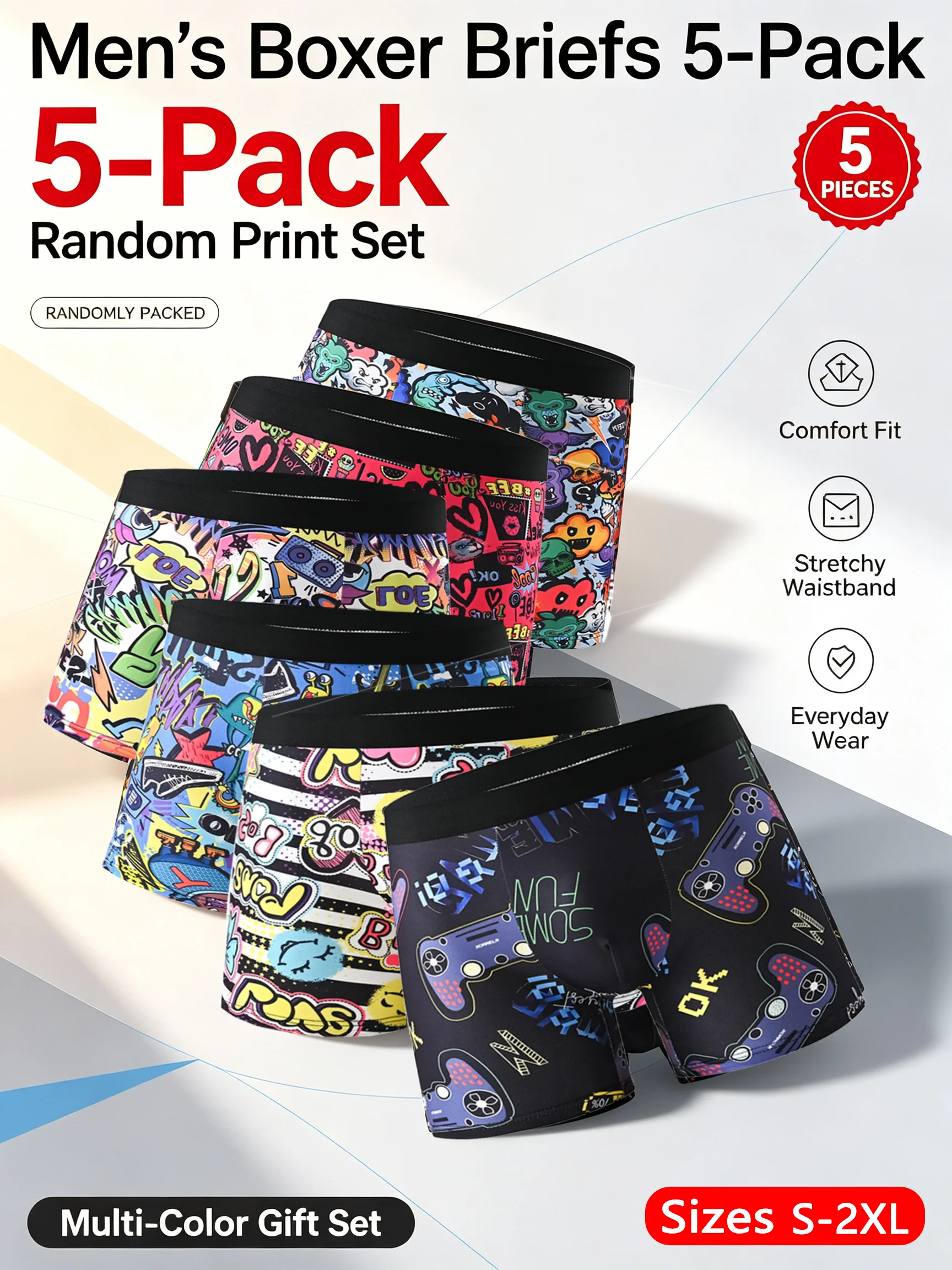 5PCS Men Cool Graffiti Print Brief Shorts High Elasticity Skin-Friendly Comfort Waistband Multicolor Random Delivery Daily Wear