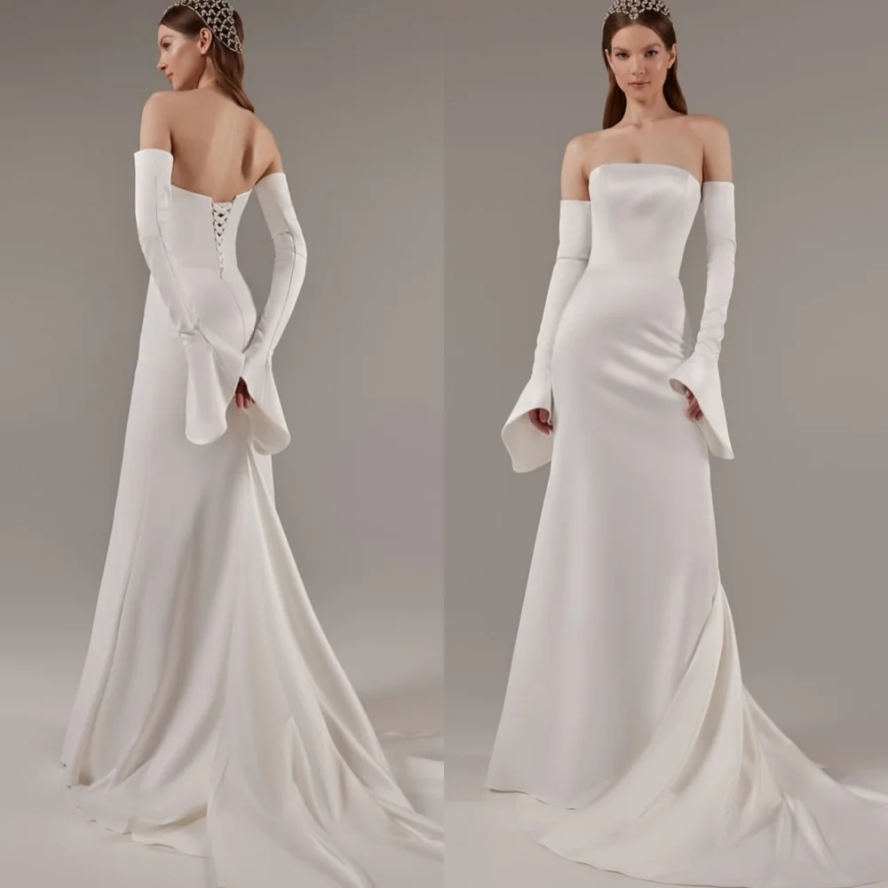 

Customized Formal Wedding Dresses Luxury Strapless Detachable Sleeve Heavy Industry Wedding Dresses Lace Up Back White Gown