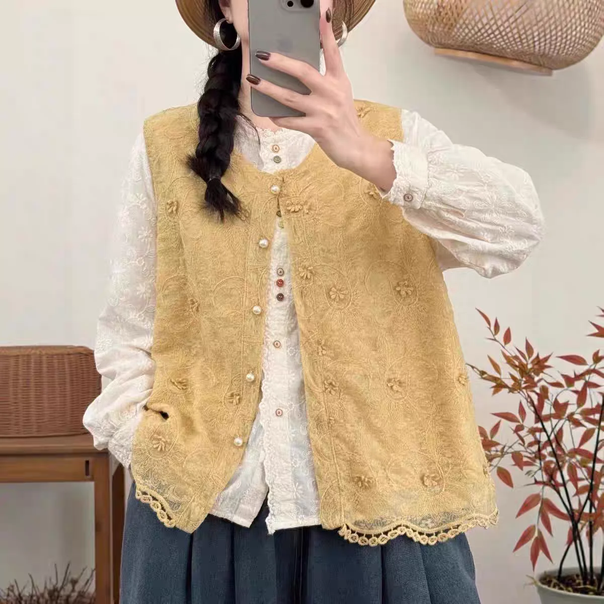 Dolce gilet ricamato Top da donna Faionable Stratificazione Capispalla oulera Jaet Miscela di cotone alla moda rotonda Ne Button-Up