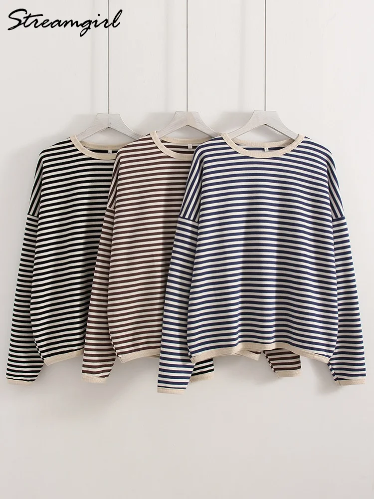 

Navy Blue Tops Striped Sweatshirt Women Autumn Trendy T Shirts Basic Loose Pullovers Oversized Sweatshirts For Ladies O Neck