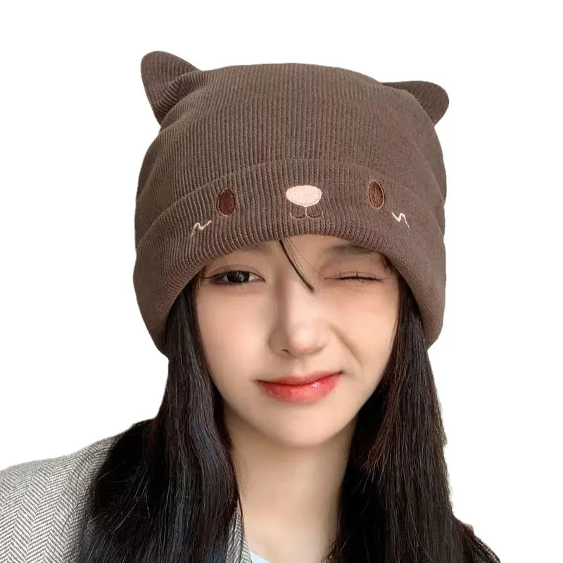 New Women Autumn Winter Cute Cap Hat Female Cartoon Bear Ears Lady Girl Kawaii Knitted Crochet Beanies Hat Cap For Women