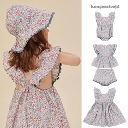 Girls Dresses 2024 Summer New Printed Fashion Girls Dresses Cotton Sweet Children's Short Sleeve Shorts Set Children's Clothing