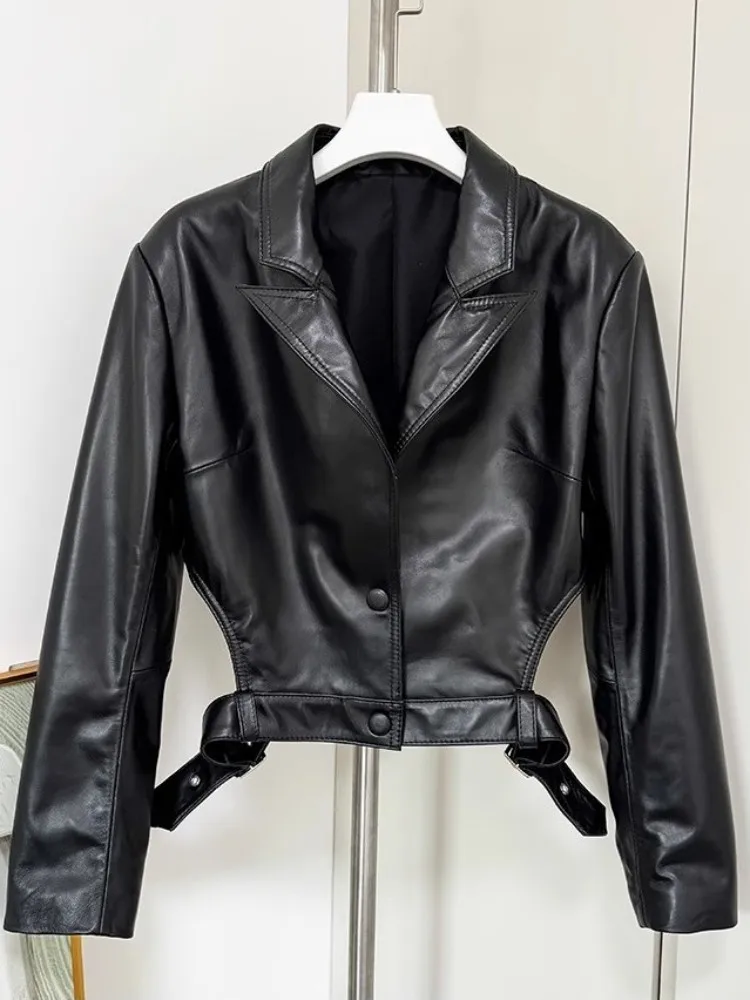 Moda scava fuori giacche da donna in vera pelle punk moto cappotto corto monopetto capispalla in pelle di pecora naturale top nuovo