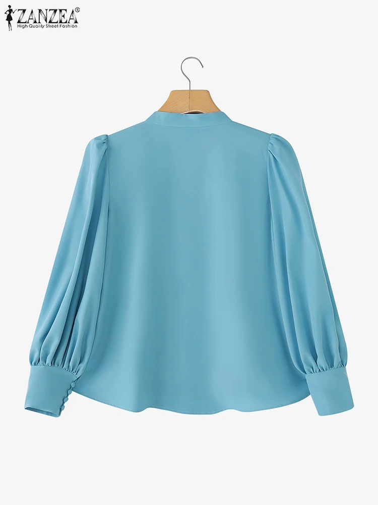 ZANZEA Elegant Shirts Stylish Women Long Lantern Sleeve Blouse 2025 Autumn Stand Collar Office Lady Tops Casual Solid OL Blusas