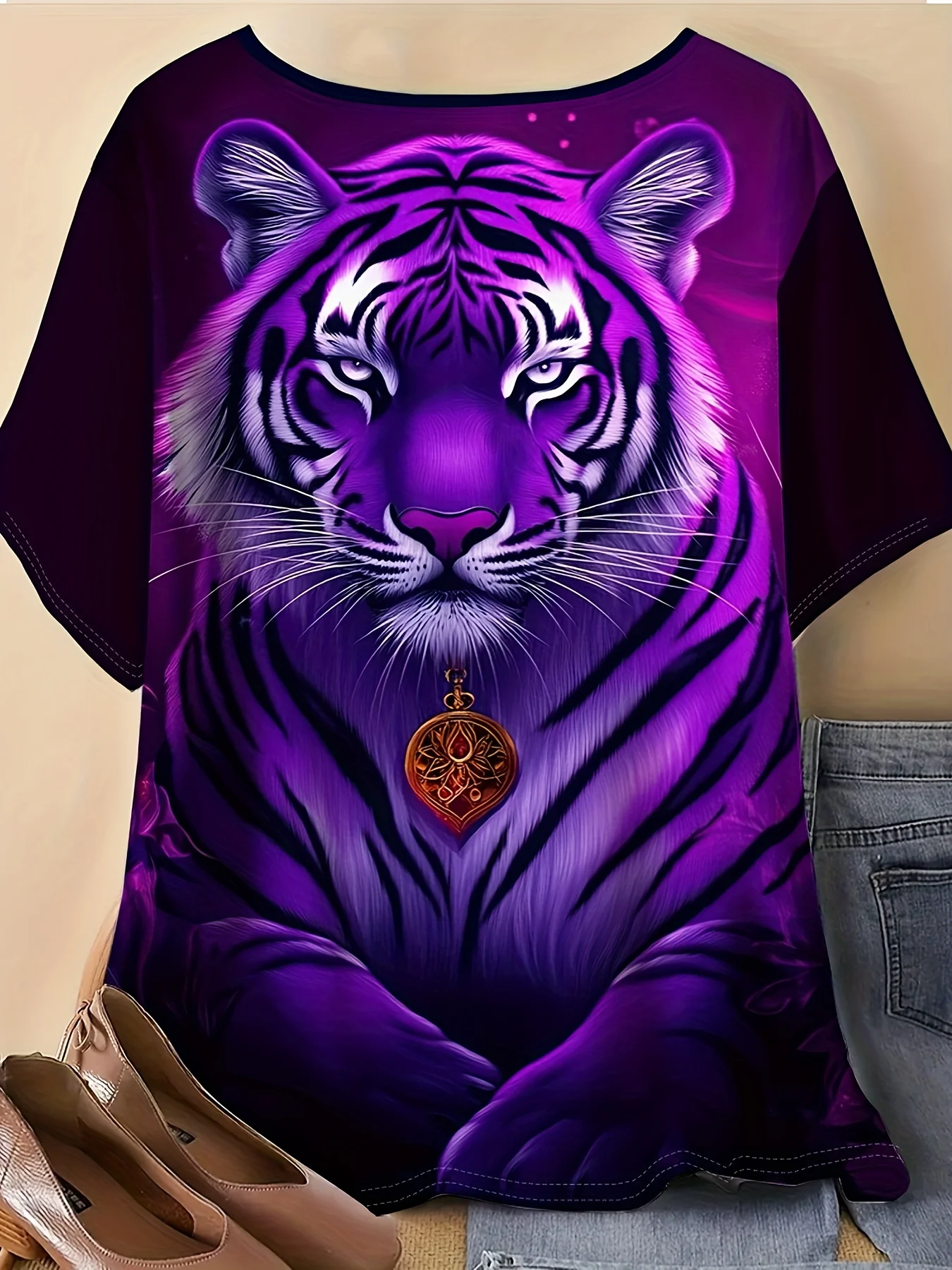 Women Crew Neck Short Sleeve T‑shirt Mysterious Purple Tiger Totem Animal Print Summer Casual Top