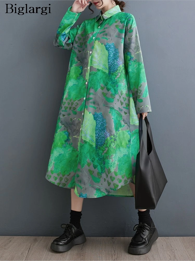 

Oversized Autumn Midi Shirts Dress Women Irregular Graffiti Print Fashion Casual Ladies Dresses Loose Ruffle Pleated Woman Dress