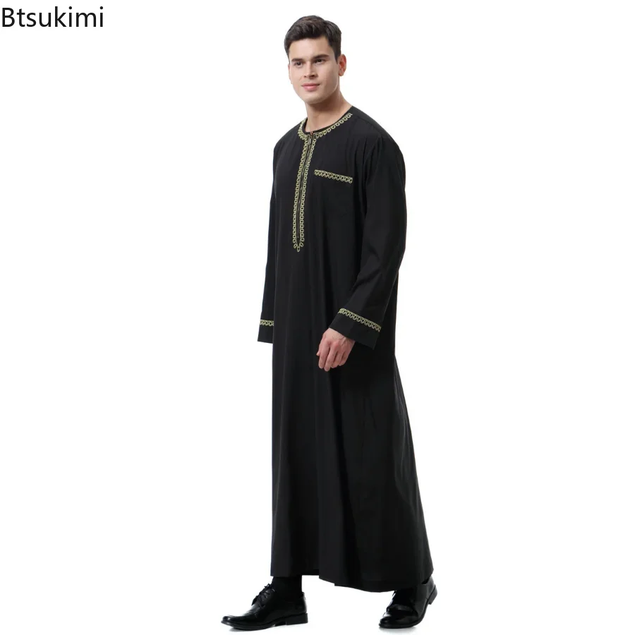 มุสลิมแฟชั่นผู้ชาย Abaya Jubba Thobe พิมพ์ซิปกิโมโนแขนยาวสีทึบสบายๆปากีสถานอิสลามเสื้อผ้าปุ่มกระเป๋า