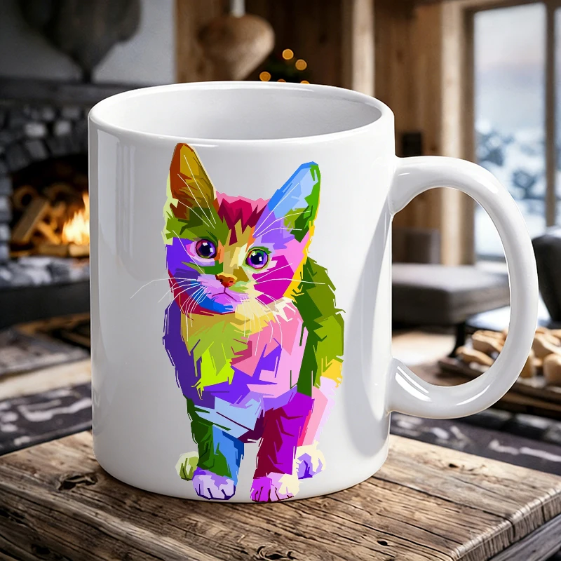 

1PCS Rainbow Color Block Cat Ceramic Mug, Coffee Cup, Milk Cup, Office Tea Cup, Drinking Cup, Does Not Fade, Gift for Friends