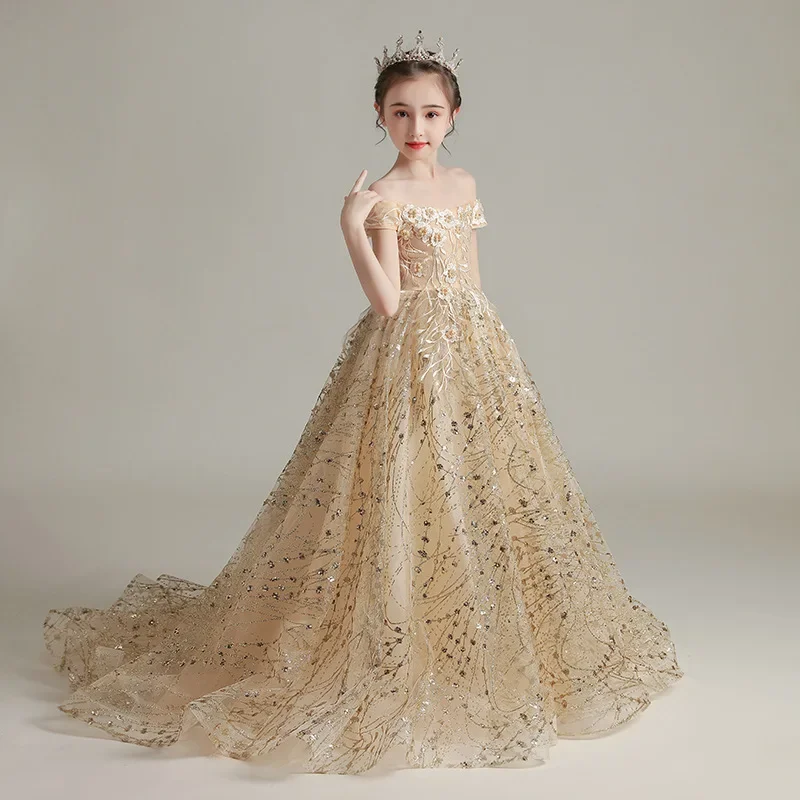 Flower Girls Wedding Bridesmaid Dress Teen Girls Gold Halloween Party Tail Dresses Children Elegant Off Shoulder Embroidery Gown