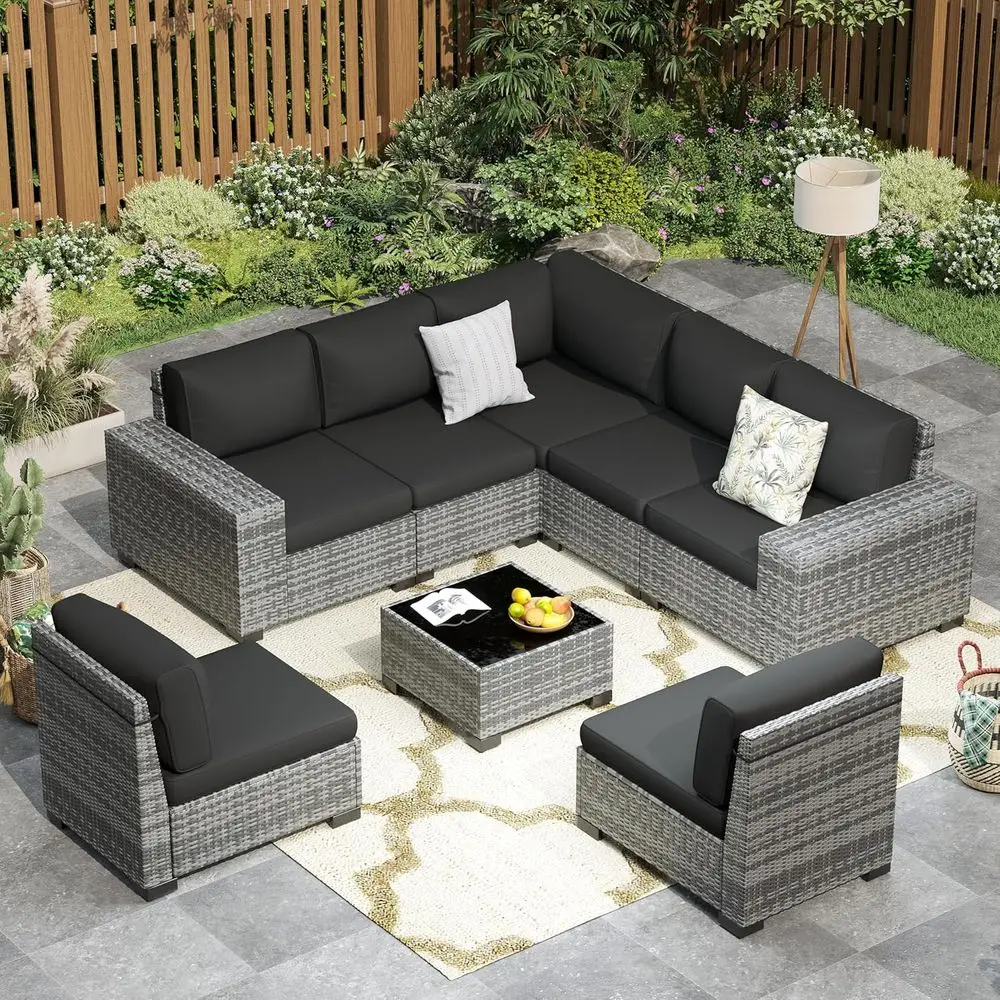 

Outdoor Patio urniture Set, 8‘’ Wide armrest Outdoor Sectional Rattan Soa Set, Wicker Patio urniture Sets w/Coee Table,Thick Cus
