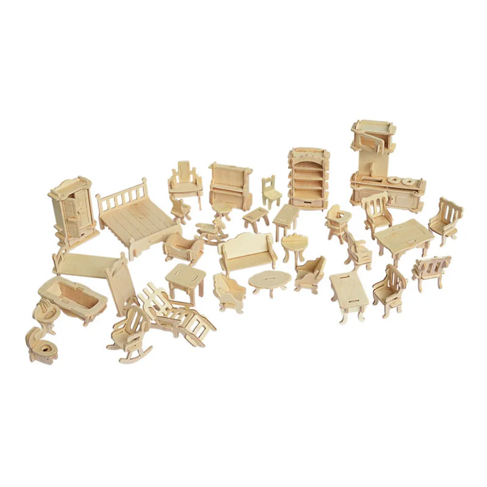 Wooden Furniture Puzzle Assembly 3D Educational Set Approx 10x2x3.5cm Natural Wood Creative Intelligence Development Hand Eye