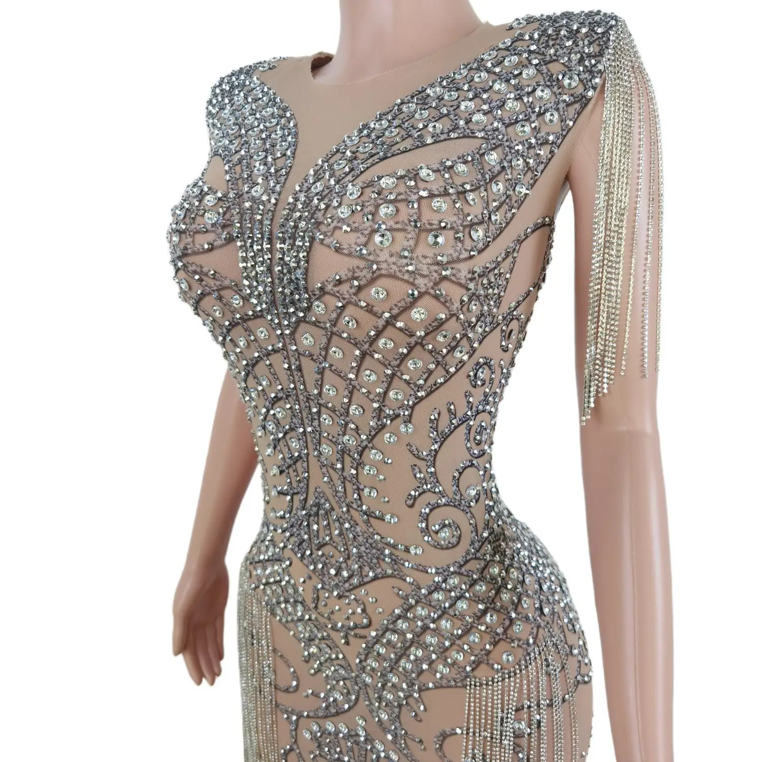 Vestido de noche de crepé con flecos y cristales brillantes para mujer, ropa de noche Sexy, vestido de fiesta de discoteca para Banquete de baile