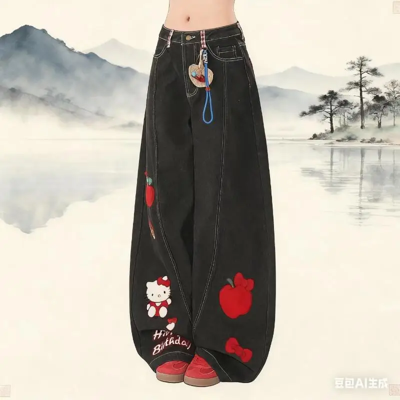 กางเกงยีนส์ทรงคาวบอยปักลายเฮลโลคิตตี้สไตล์เรโทรสุดฮิตประจำปี 2025 ดีไซน์ซานริโอสำหรับผู้หญิง ใส่ได้ทุกฤดู ทรงหลวมขากว้าง