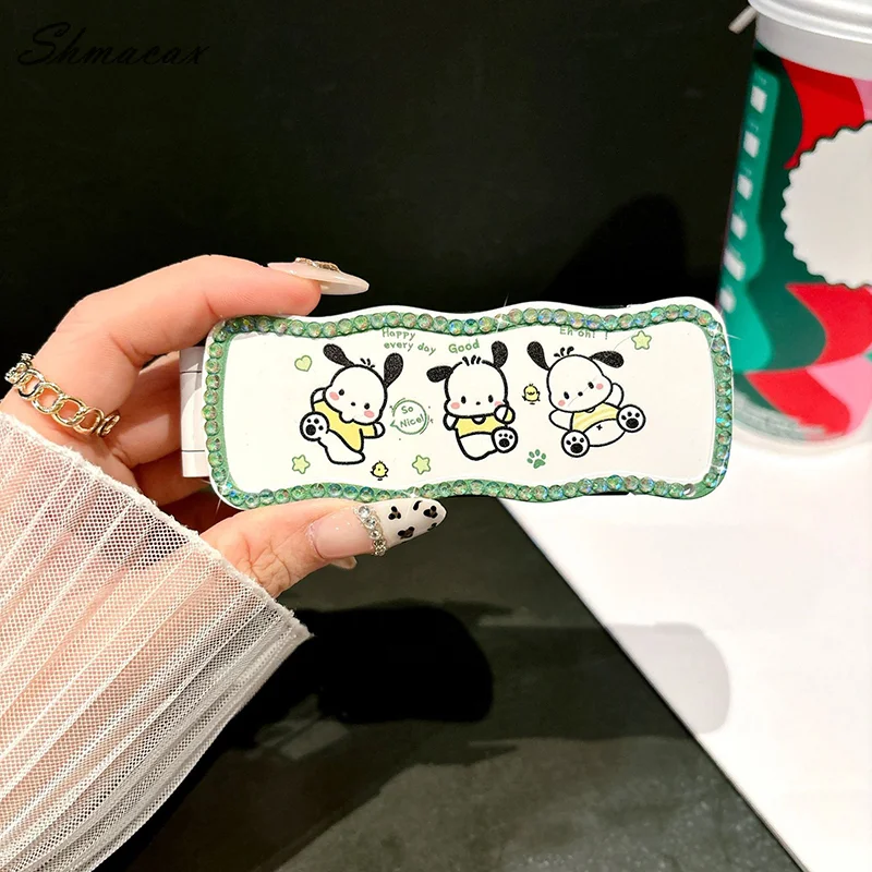 2-in-1 Pochacco Folding Airbag Comb Kawaii Anime Sanrio KT Cat Portable Makeup Mirror Dual-use Rhinestones Comb Mirror