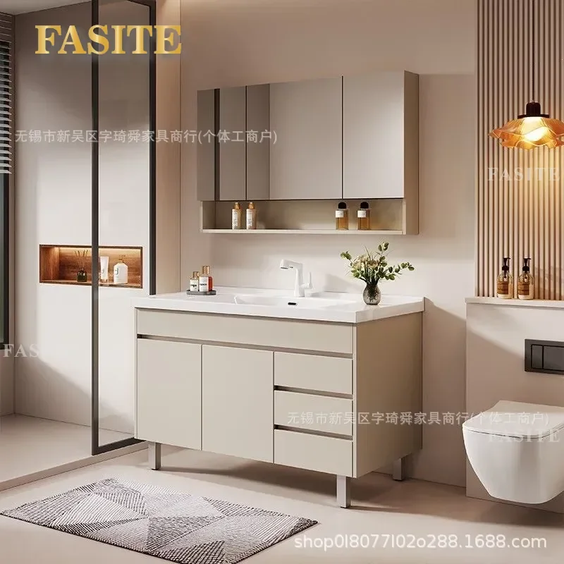 For Modern Simple Bathroom Cream Floor to Ceiling Ceramic Integrated Washbasin Cabinet with Mirror Storage Vanity Unit