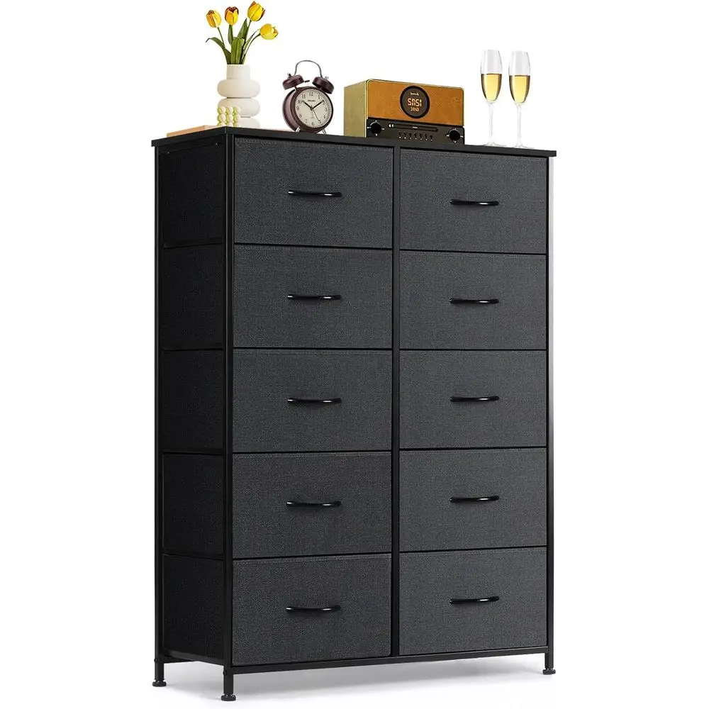 

Высокий комод-органайзер с 10 ящиками, деревянной крышкой и металлическими тканевыми контейнерами для спальни, гостиной, прихожей