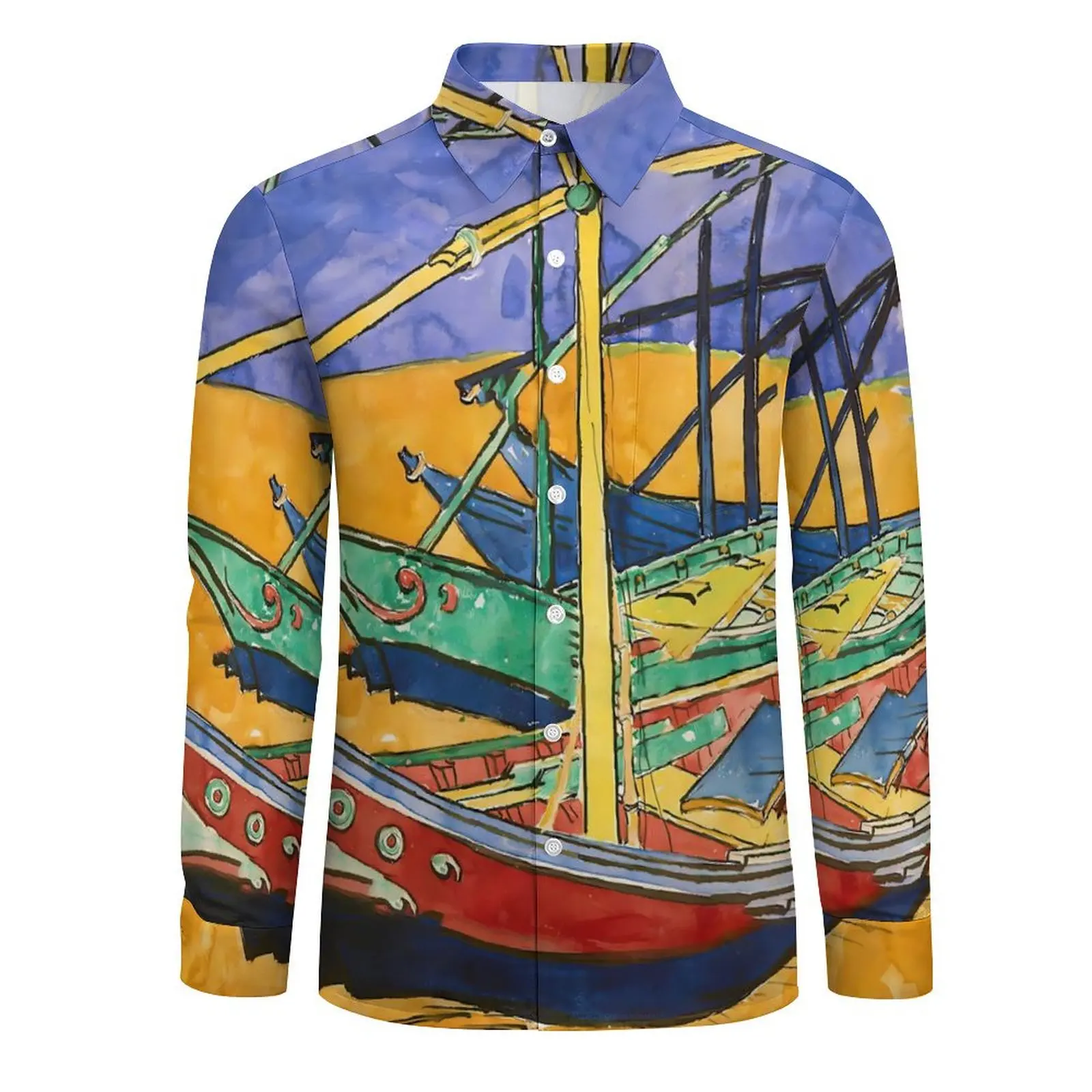 Vincent Van Gogh Shirt Spring Fishing Boats Casual Shirts Men Vintage Blouse Long Sleeve Design Streetwear Clothes Plus Size 4XL