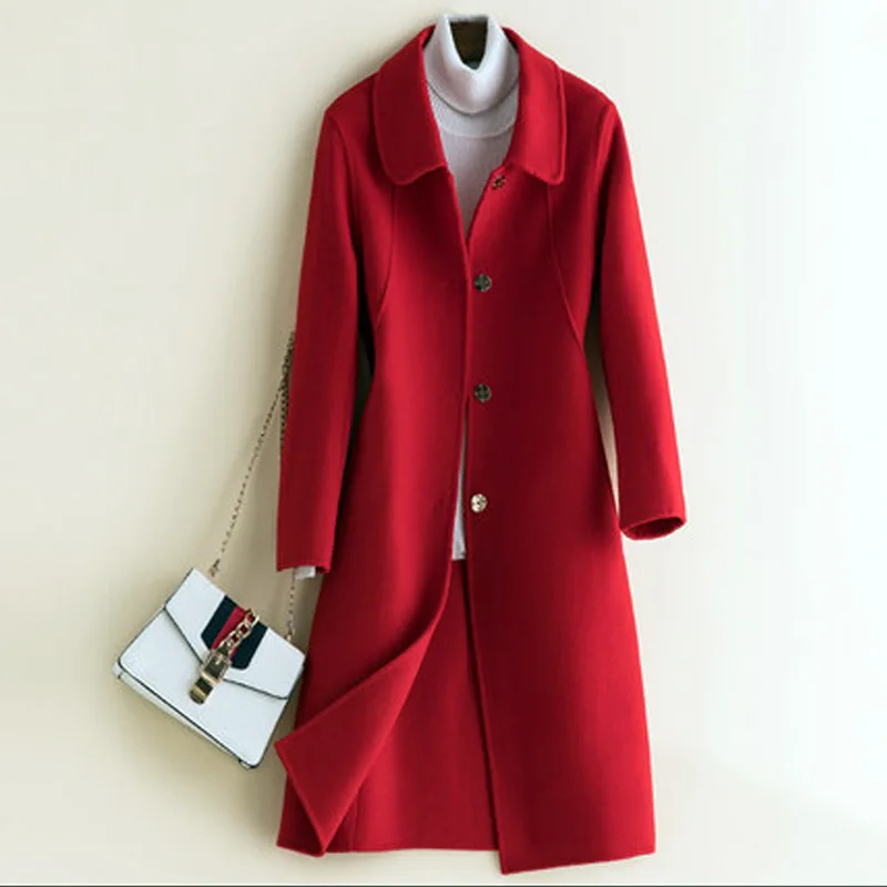 Autumn and winter new double-sided wool coat women's medium and long slim-fitting woolen coat doll collar over knee fashion