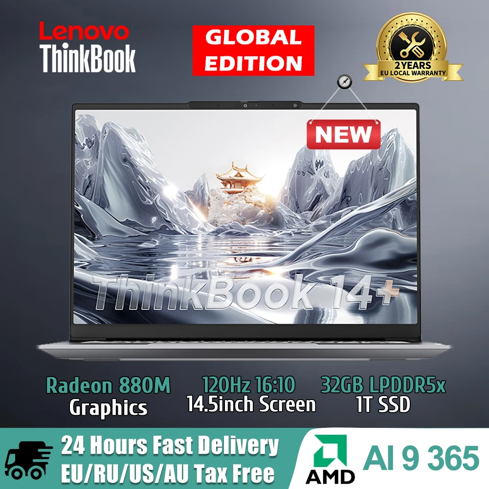 كمبيوتر محمول Lenovo ThinkBook 14+ 2024 AI AMD Ryzen AI 9 365 RAM 32GB 1TB SSD Core Graphics 14.5 بوصة 3K LED 120 هرتز شاشة كمبيوتر محمول