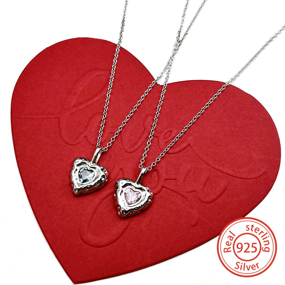 

Y2K Heart Sweet Cool Egirls Chain 925 Sterling Silver Pink Crystal Couple Love Jewelry Clavicle Necklace Valentine's Day