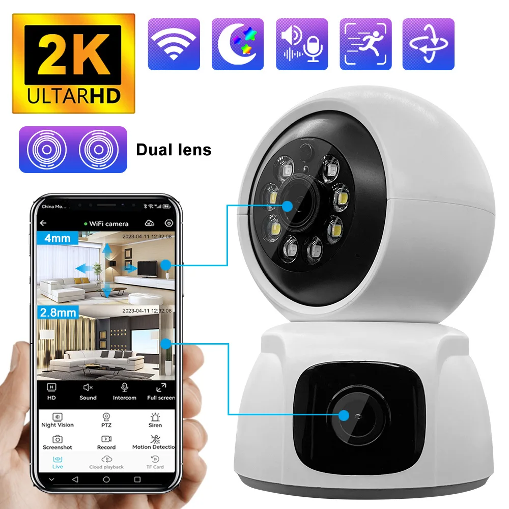 6MP WiFi IP Camera Dual Lens Dual Screen Baby Monitor 4X Zoom Home wifiSecurity Camera PTZ Auto Tracking CCTV Video Surveillance