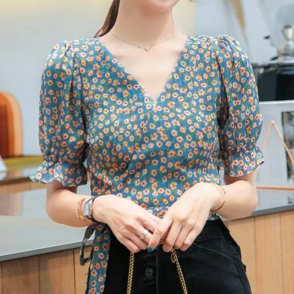 Summer New Sweet Chic Chiffon Blouses Short Printed Bubble Sleeve Drawstring Spliced Ruched V-neck Women's Clothing Shirts Tops