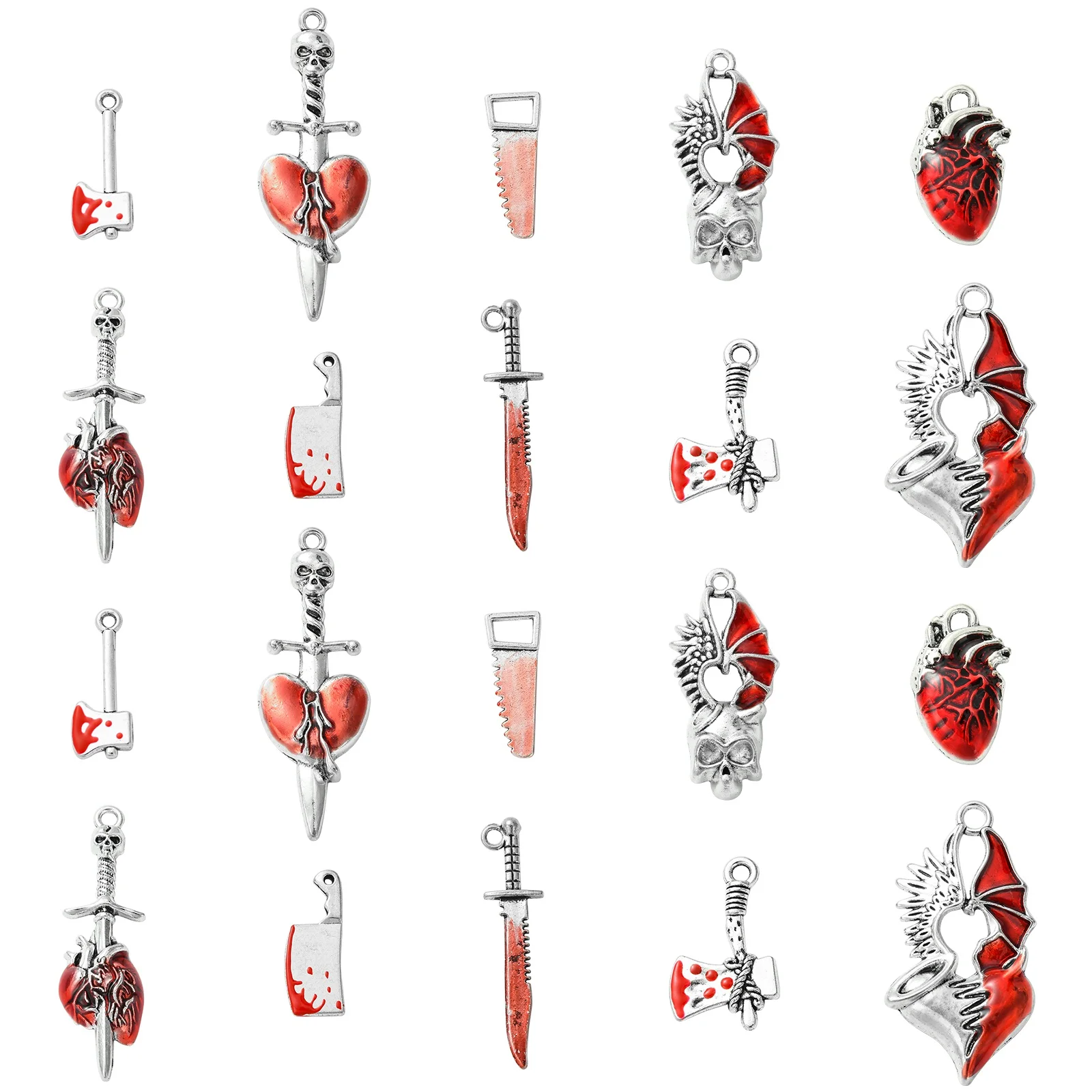 

20Pcs Mixed Styles Gothic Theme Enamel Tool Kit Charms Medieval Axe Knife Pendants Bleeding Heart Charms for Jewelry Making