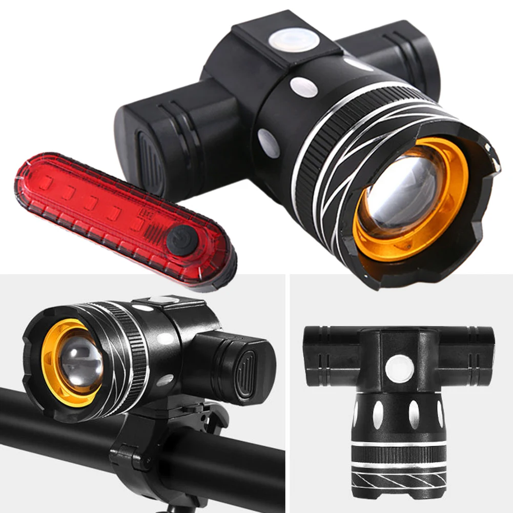 Rechargeable Bicycle Headlight Taillight Bike Torch Zoomable Front Rear Light Charging WaterProof Brake Sensing Light