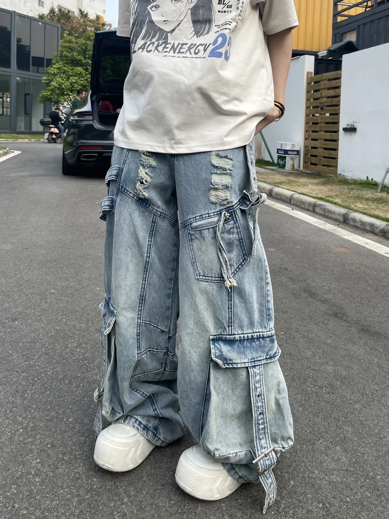 

Повседневные женские джинсы с широкими штанинами в рабочем стиле, свободного кроя, рваные, из американского хлопкового стрейч-денима, модный дизайн в стиле High Street