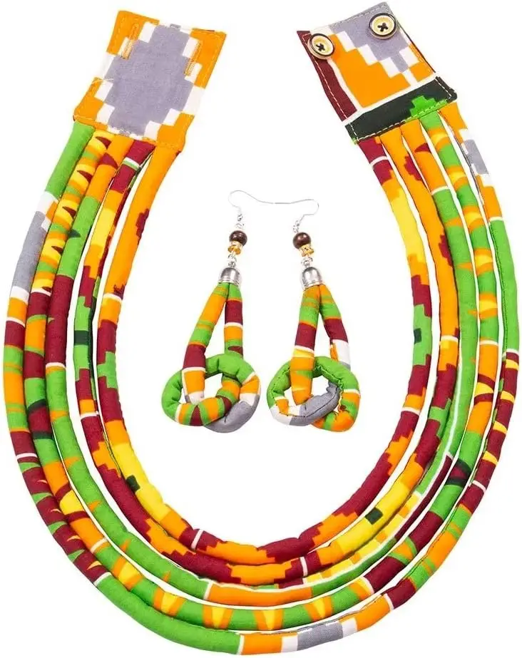 BintaRealWax African Necklace Earrings Set Ankara Fabric Print Multilayer Woven Rope Choker Layered Strand Collar Wyb786