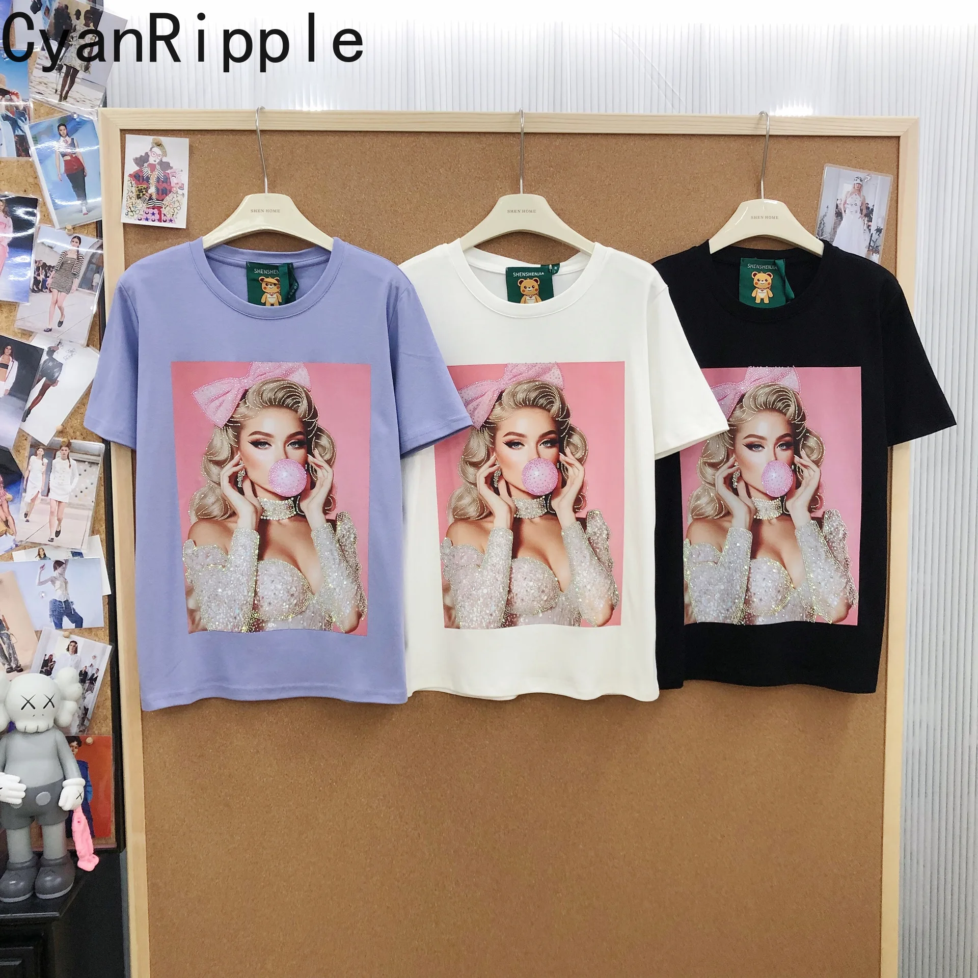 

Age Reduction Summer Women Short Sleeve T-shirt Trendy Character Print Hot Diamonds Round Neck Pullover Top Cotton Basic Tees