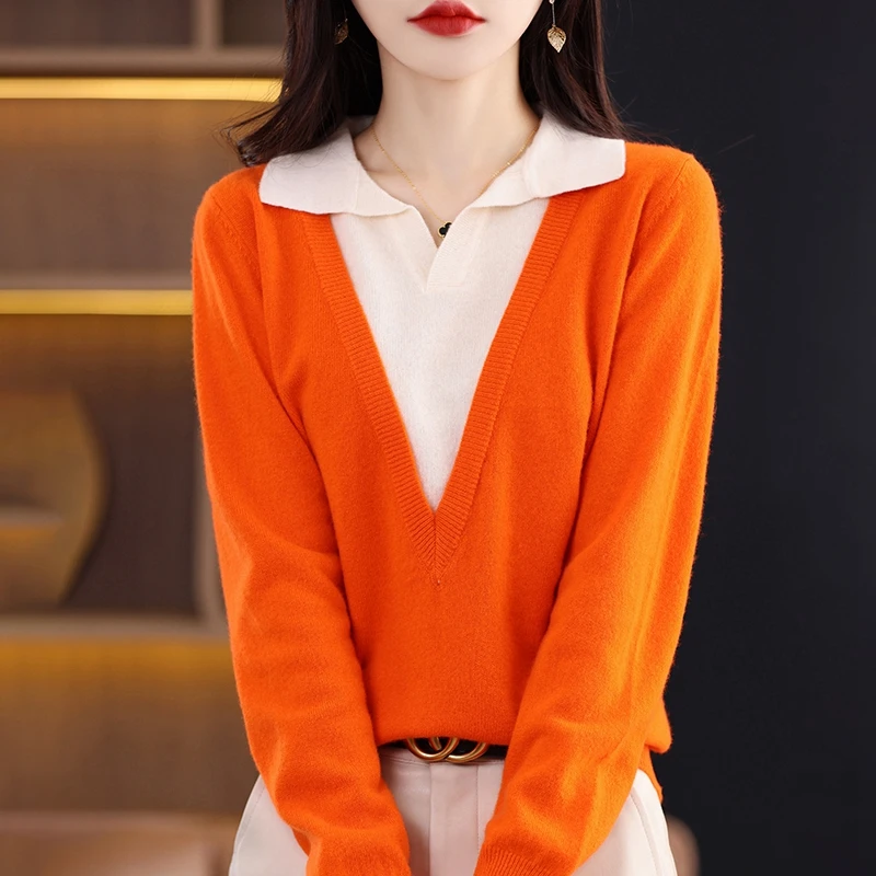 Women's boutique high-end V-neck sweater knitted cashmere sweater pullover long sleeved new long sleeved cashmere sweater