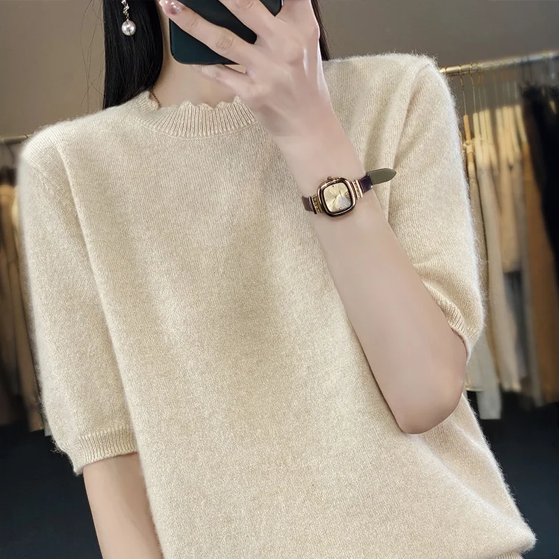 2023 Women\'s new spring and summer cashmere O-neck short-sleeved women\'s solid color casual soft comfortable pullover multi-colo