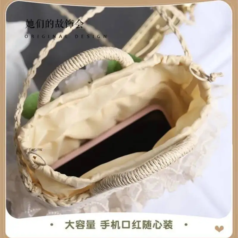 Bloom Fairycore Flower Woven Women 2025 New Vacation Sea Lolita Straw Bags Female Travel Hollow Out Beach Bag Aesthetic
