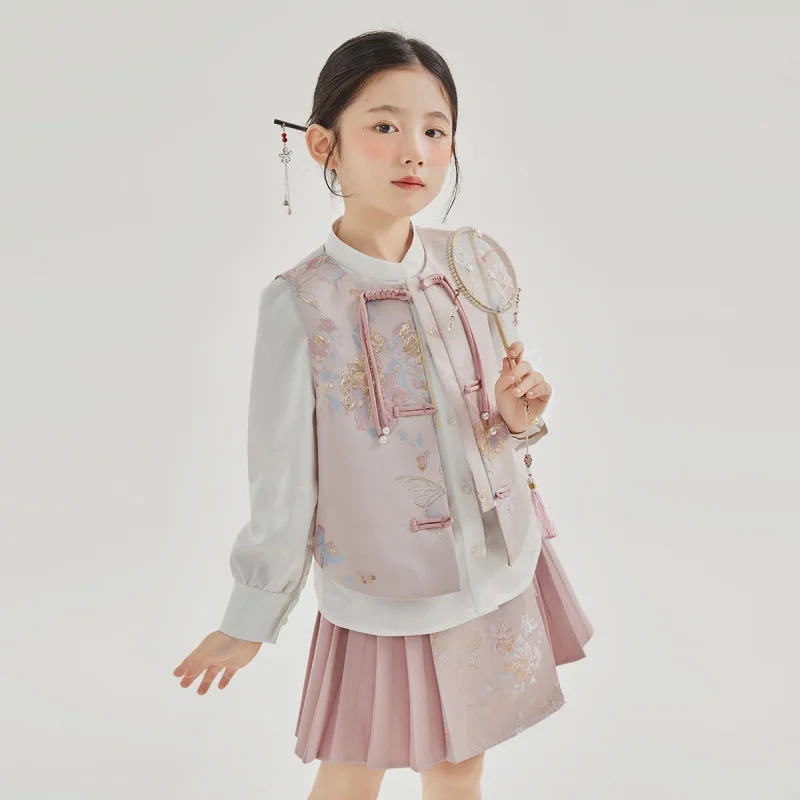 

Girls' Suit2024Spring New Medium and Large Children's New Chinese Shirt Two-Piece Vest Set Spring Clothes National Style Fashion