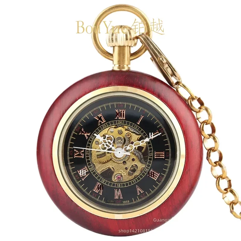 Retro Mahogany Wood Grain Roman Dial Manual Mechanical Pocket Watch Vintage Straight Plate Open Face Timepiece Classic Gift
