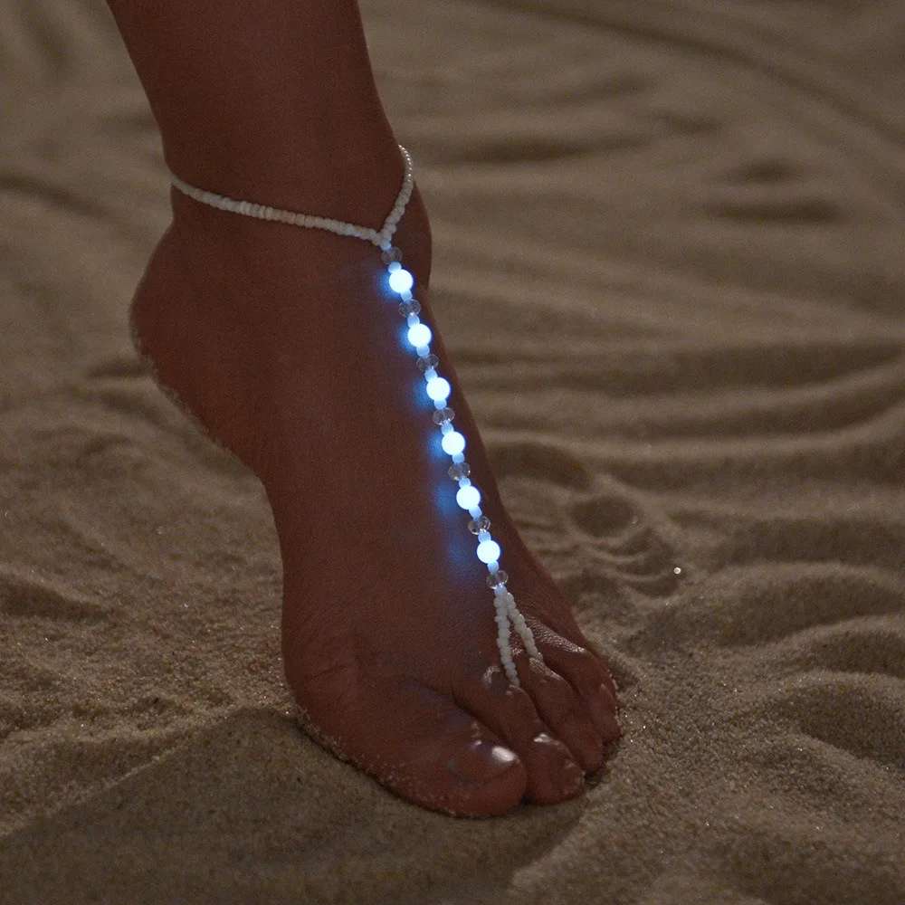 Personality Bohemian White Mini Seed Beaded Luminous Round Bead Toe Ring Integral Ankles for Women Exquisite Beach Party Jewelry
