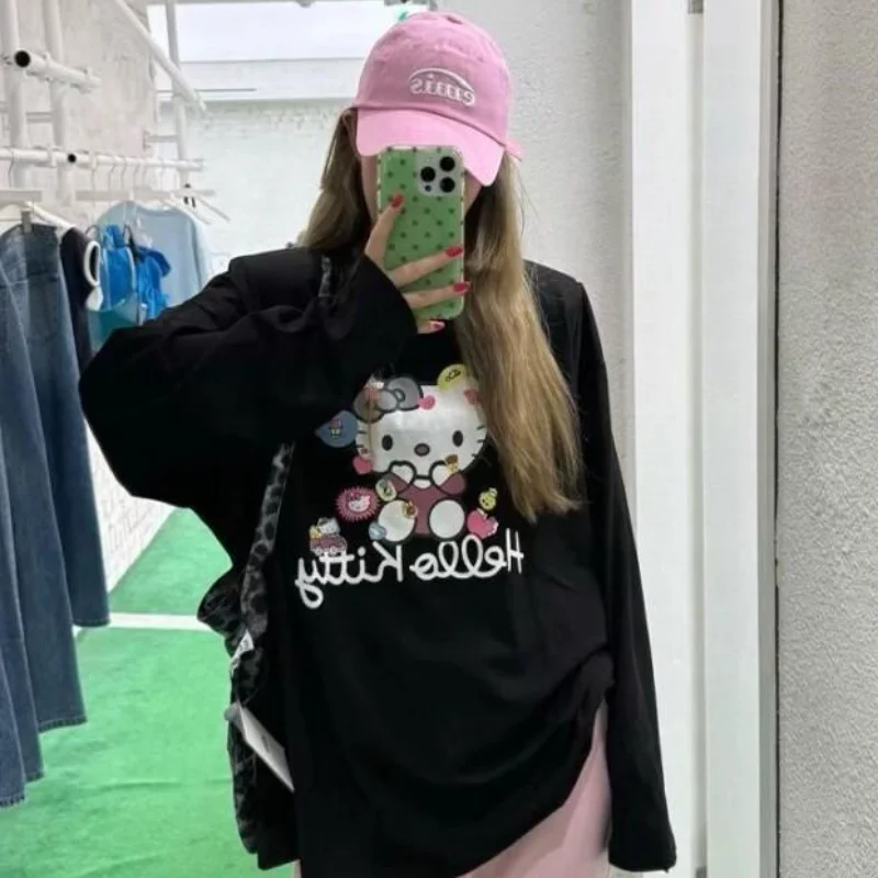 

Пуловер Sanrio Hello Kitty с принтом, футболка с длинными рукавами, утолщенная женская повседневная футболка в корейском стиле, осенне-зимняя, в стиле ретро, свободные новые топы