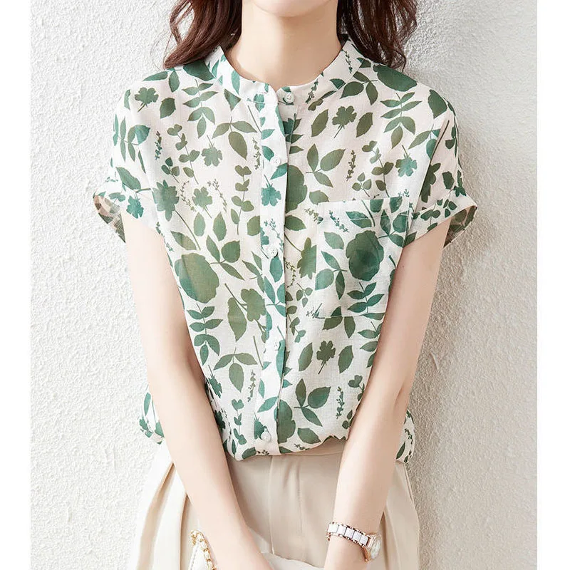 Elegant Fashion Round Neck Printed Blouse 2023 Women\'s Clothing Korean Casual Short Sleeve Lady Single-breasted Chiffon Shirt