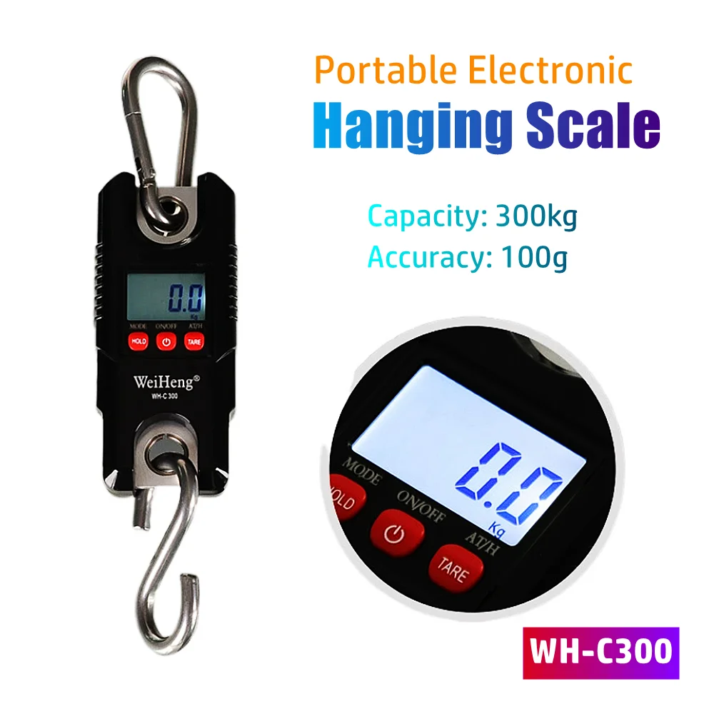 

WH-C300 Portable 300kg/100g Electronic Hanging Scale Electronic Luggage Crane Scale LCD Backlight Stainless Steel Hook Scale