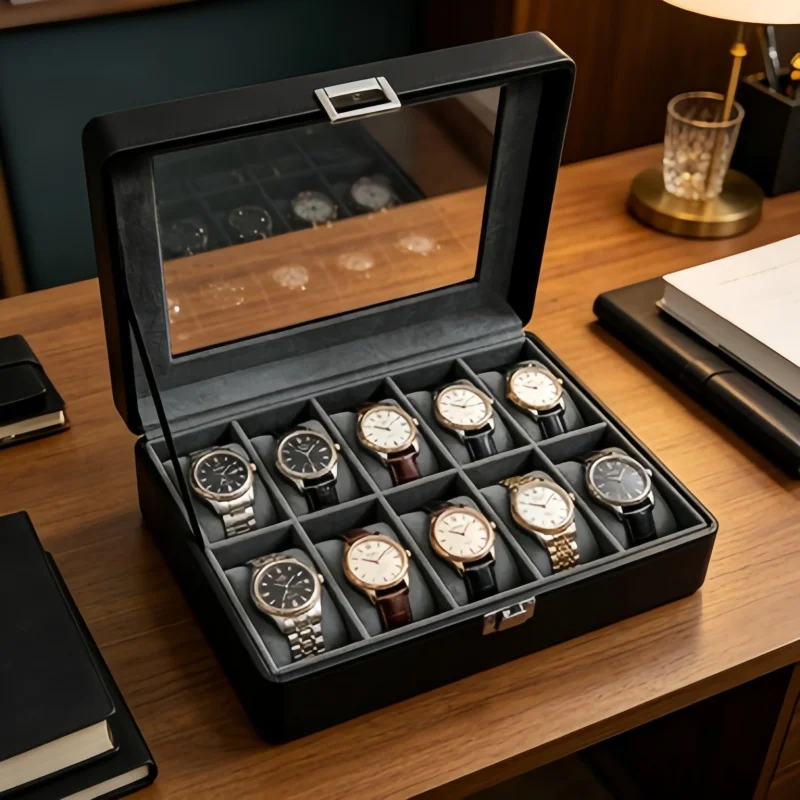 

Dustproof Anti-Scratch 10 Slot Leather Watch Box Lockable Watch Organizer with 2PCS Jewelry Box for Home Display