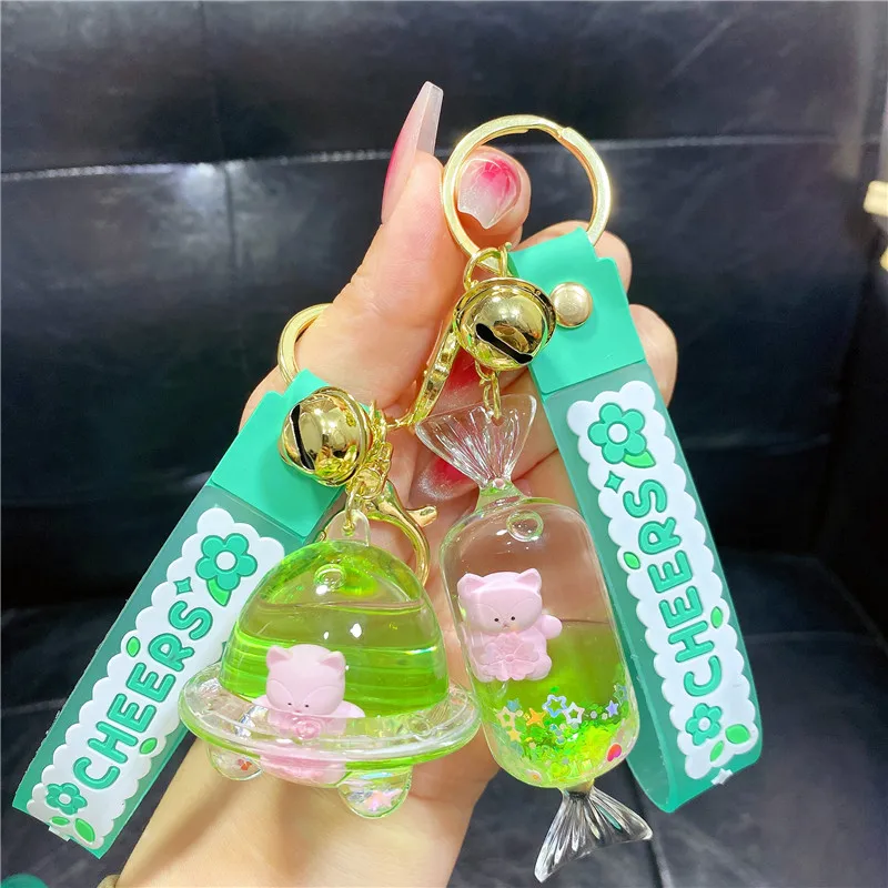 Cartoon Luminous Oil Sakura Fox Candy Floating Bottle Key Chain Cute Bear Head Cup Quicksand Liquid Keychain Bag Pendant Gifts