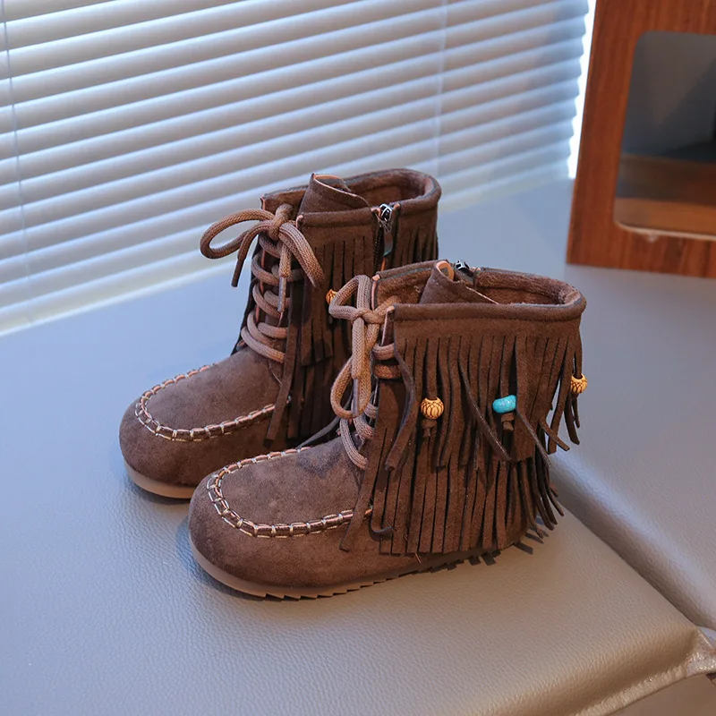 

2025 Winter New Ethnic Style Kids Snow Boots Comfort Anti Slip Girls' Tassel Ankle Boots Retro Versatile Child Shoes Botas