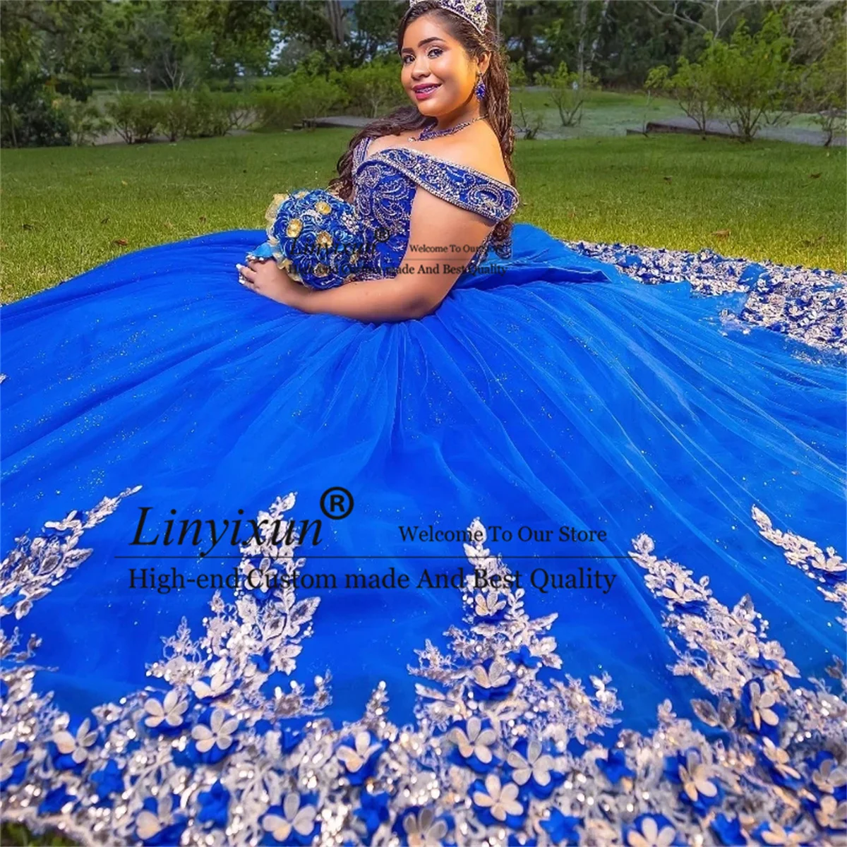 

Royal Blue Shiny Quinceanera Dress With Lace Appliques Beads Ball Gown Sweet 16 Dress Off Shoulder Birthday Vestidos De 15 Anos