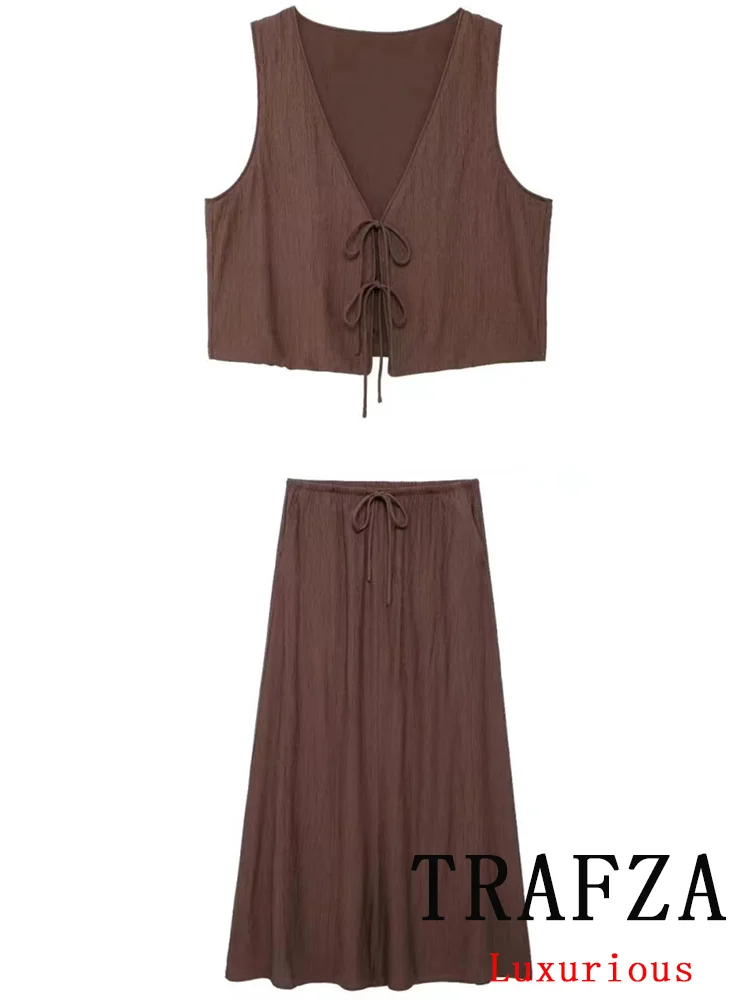 TRAFZA Vintage Casual Chic Solid Women Suit V-Neck Short Slim Vest Sheath Loose Long Skirt New Fashion 2024 Summer Sets
