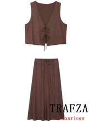 TRAFZA Vintage Casual Chic Solid Women Suit  V-Neck Short Slim Vest Sheath Loose Long Skirt New Fashion 2024  Summer Sets