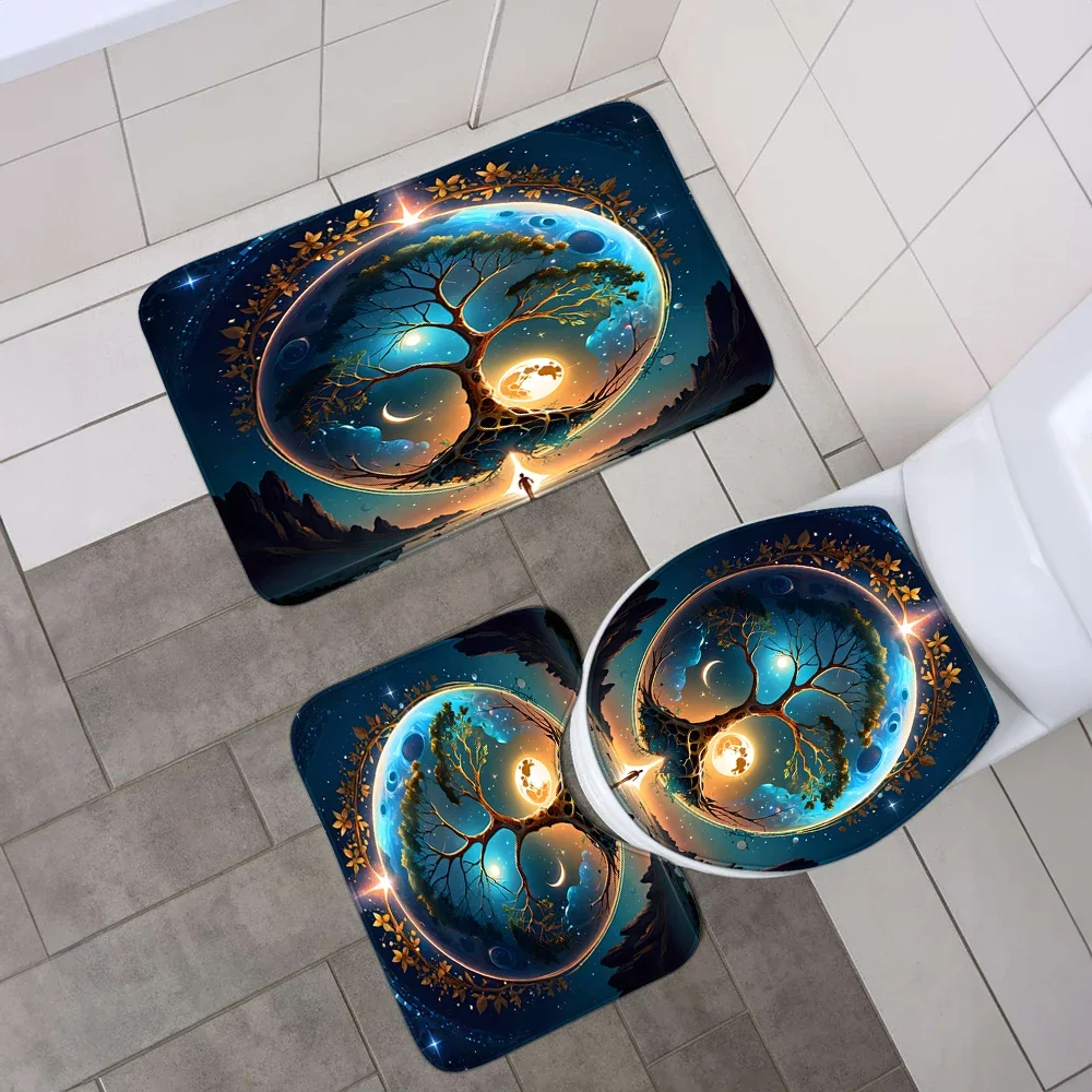 1 set of polyester shower curtains with sun, moon, life tree, night scene printing, natural style, with plastic hooks and bathro