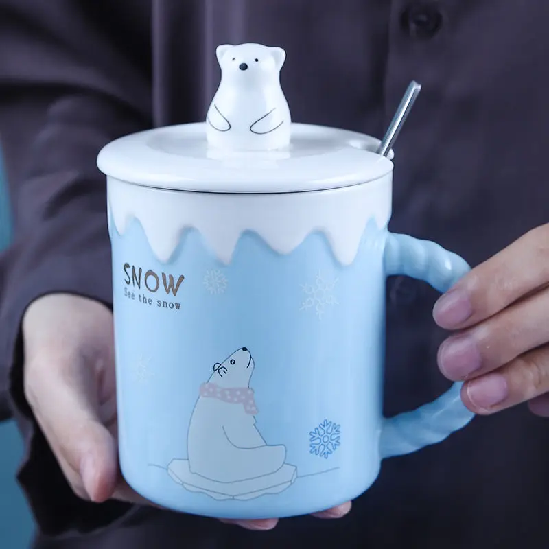 

380ml Creative Cute Cup Ins Polar Bear Animal Cartoon Mug with Lid Spoon Ceramic Cup Female New